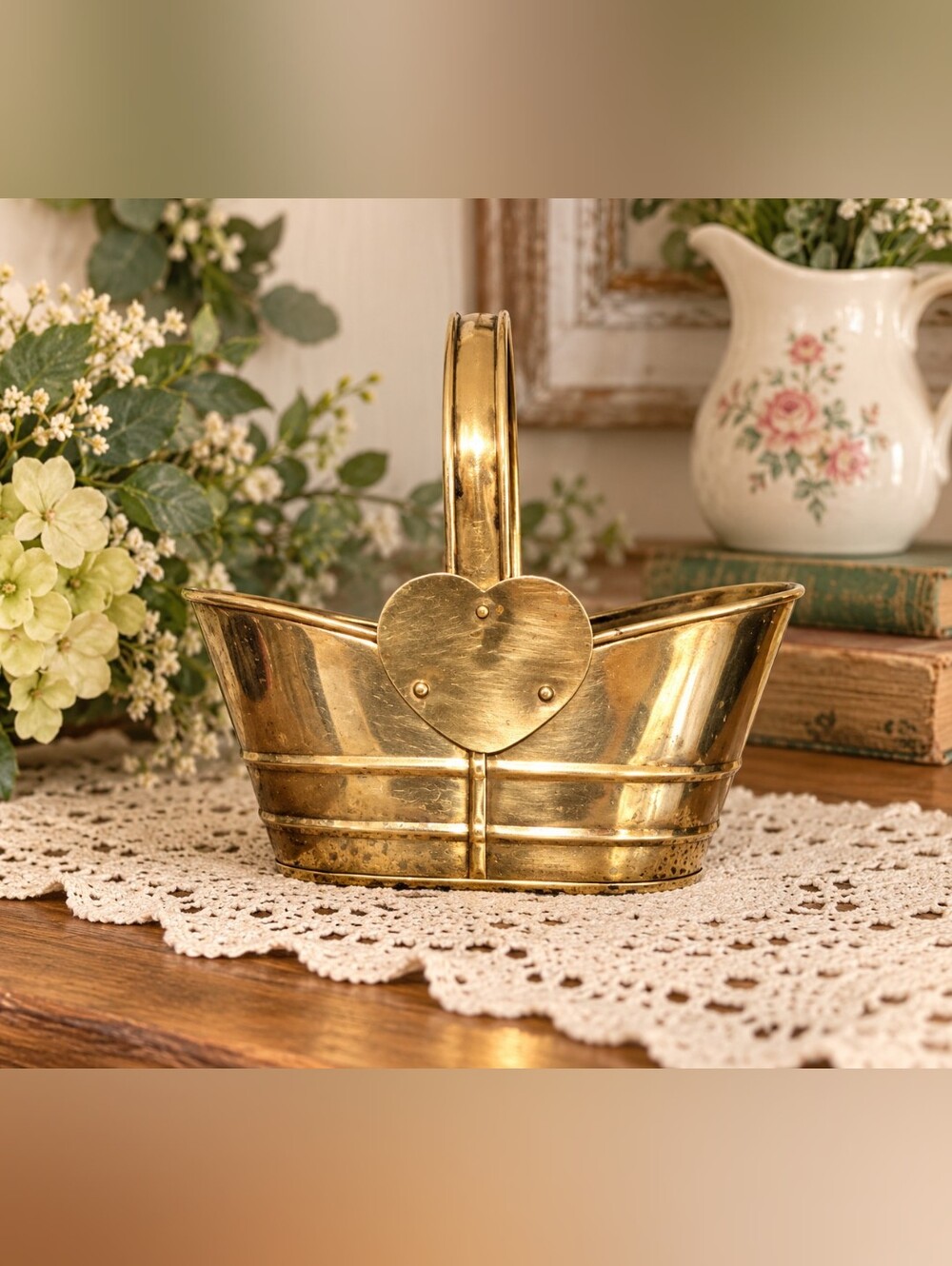 Vintage Brass Heart Basket Small Cottagecore Decorative Basket